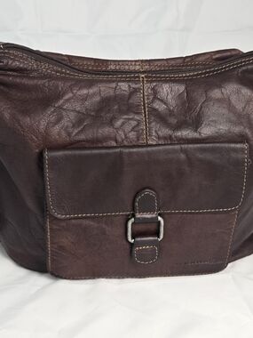 Classic Dark Brown Leather Satchel with Front Buckle Pocket